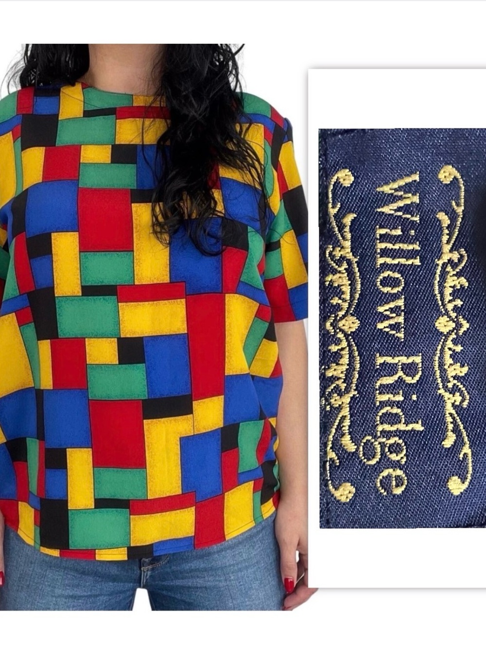Willow Ridge Multicolor Silk Abstract Short Sleeve Retro Blouse